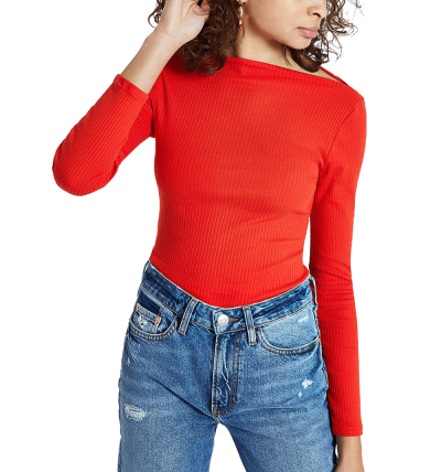 Red Ribbed Boat Neck Long...