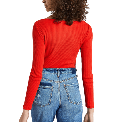 Red Ribbed Boat Neck Long...